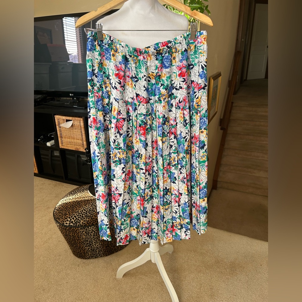 Vintage Plus Size Floral A-Line Pleated Elastic waistband Skirt